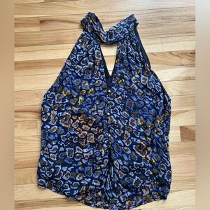 Anthropologie Blue and Gold Leopard Print Blouse